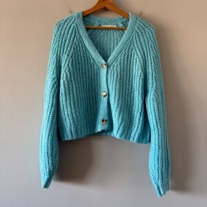Primark Chunky Knit Cropped Oversized Button Front Cardigan Sweater Size XS Blue